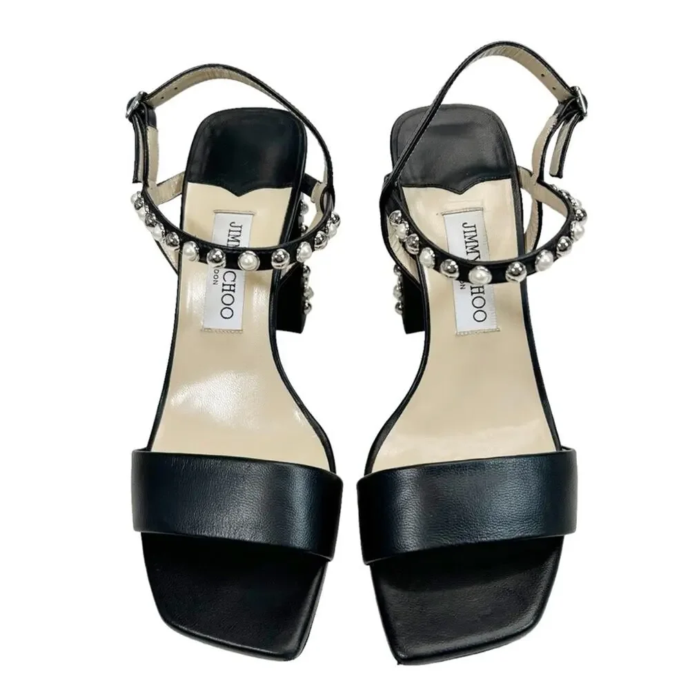 JIMMY CHOO Aadra 85 Nappa Leather Pearl Studded Sandals